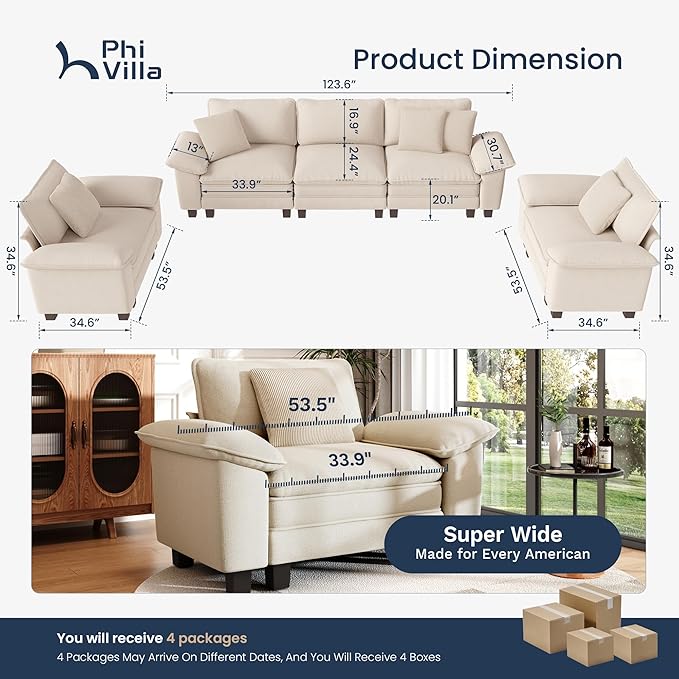 PHI VILLA Cloud Modular Couches Sets, 3 Pieces Large Sectional Sofa Set with Single Sofa, 5-Seater Upholstered Couch for Living Room, Chenille Fabric, Beige