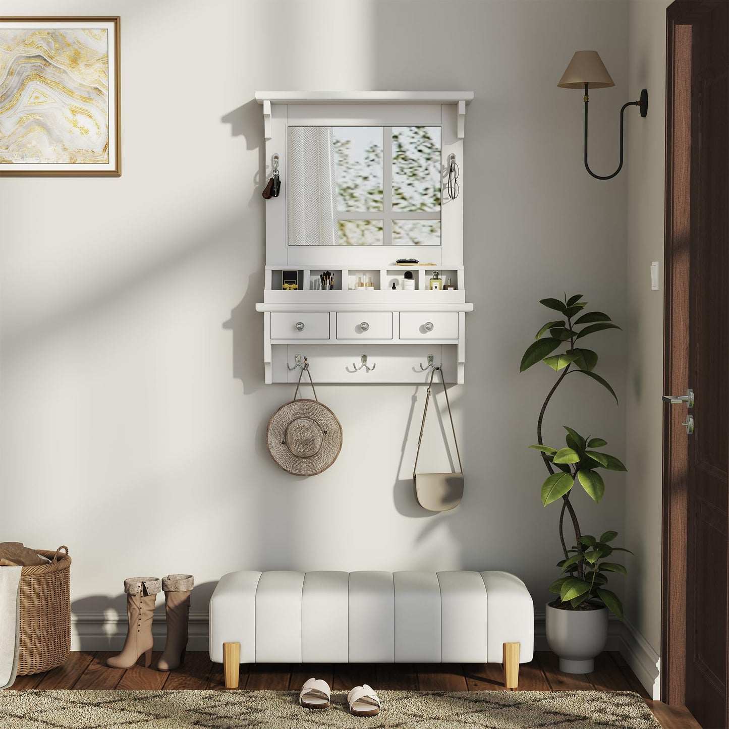 Merax Floating Makeup Vanity with Big Mirror & Hooks & 3 Drawers, Space-Saving Wall-Mounted Storage Vanity Decorative Home Organizer for Small Space Beauty Salon Station, White