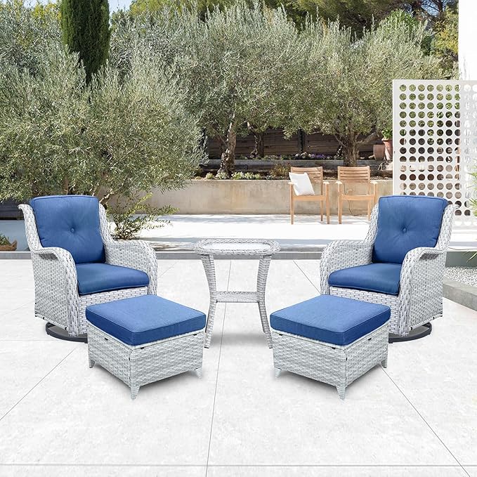 Belord Outdoor Swivel Rocker Furniture 5 Pieces Patio Wicker Furniture Sets, Rattan Patio Swivel Glider Chairs with 2 Ottoman and Glass Side Table