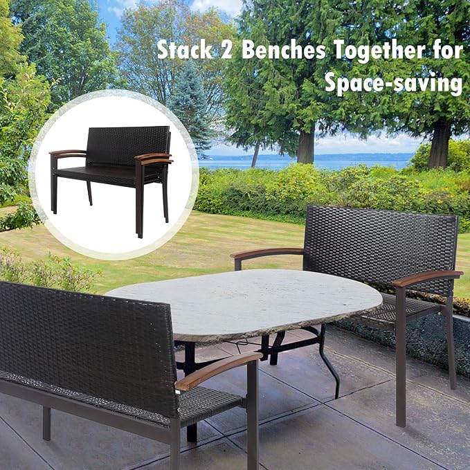 Tangkula 2 Pieces Outdoor Stackable Bench, All-Weather PE Wicker Loveseat with Acacia Wood Armrests, 2-Person Heavy Duty Metal Frame Patio Bench, for Garden, Front Porch, Courtyard