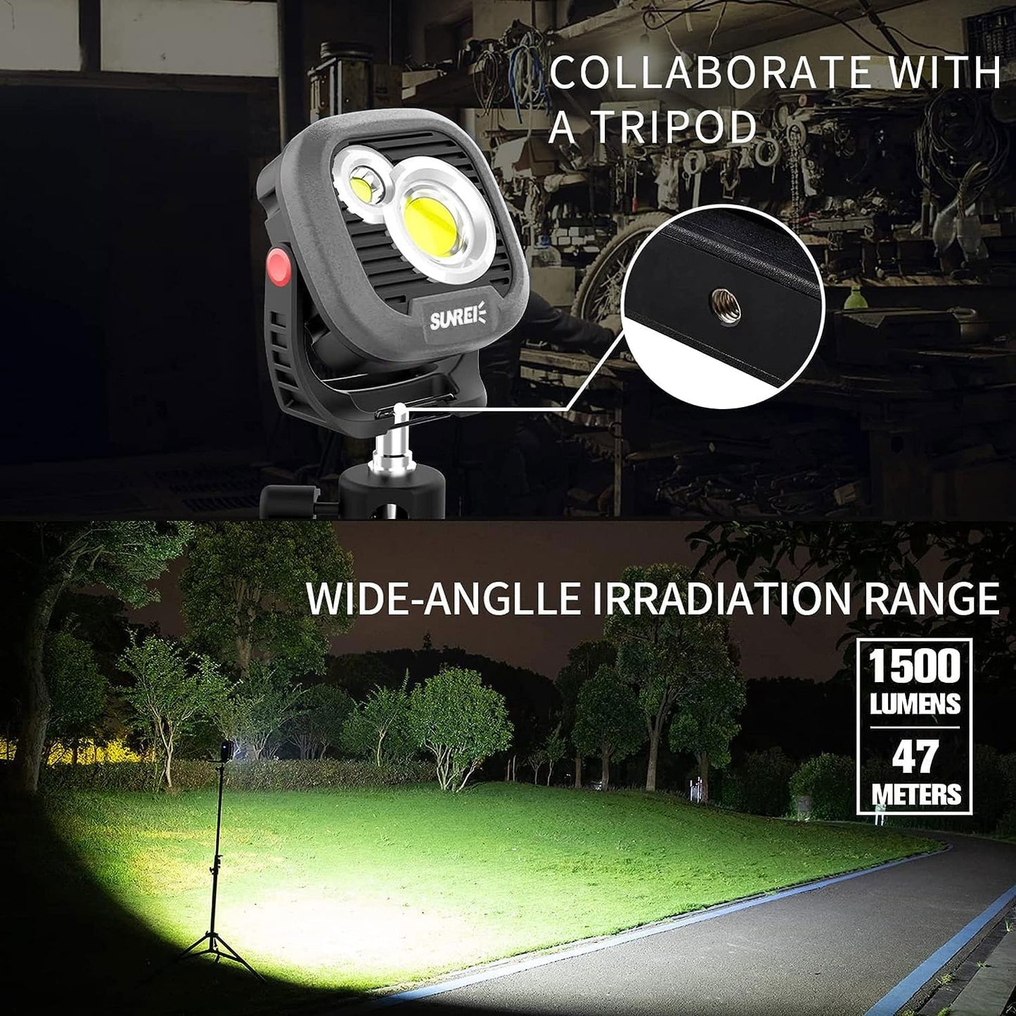 LED Rechargeable Magnetic Work Light SUNREI Mechanic Light Power Bank 180° Rotating,1500LM, 6 Modes,Magnetic&Hook, IPX5 Waterproof, Magnetic Flashlight for Camping, Car Repairing(Gary)