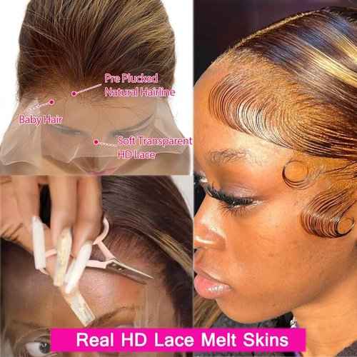Balayage Highlights Lace Front Wig Human Hair Pre Plucked 24 Inch 13x6 HD Lace Frontal Wig Honey Blonde Highlight Outre Melted Hairline Lace Front Wig 150% Density Glusless Wigs Human Hair for Women