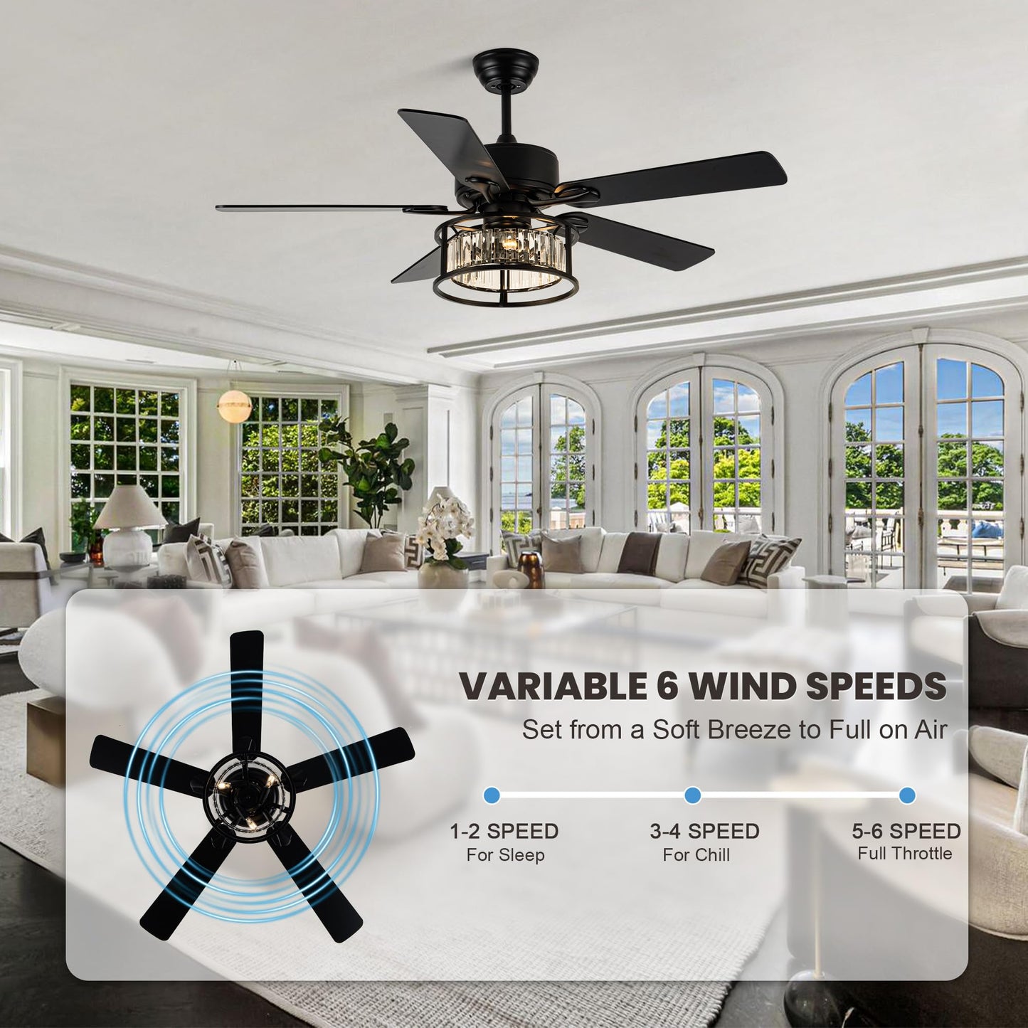 Dawn Whisper 52 Inch Chandelier Ceiling Fans with Lights and Remote Quiet and Reversible DC Motor Black Caged Modern Ceiling Fan for Bedroom Living Room