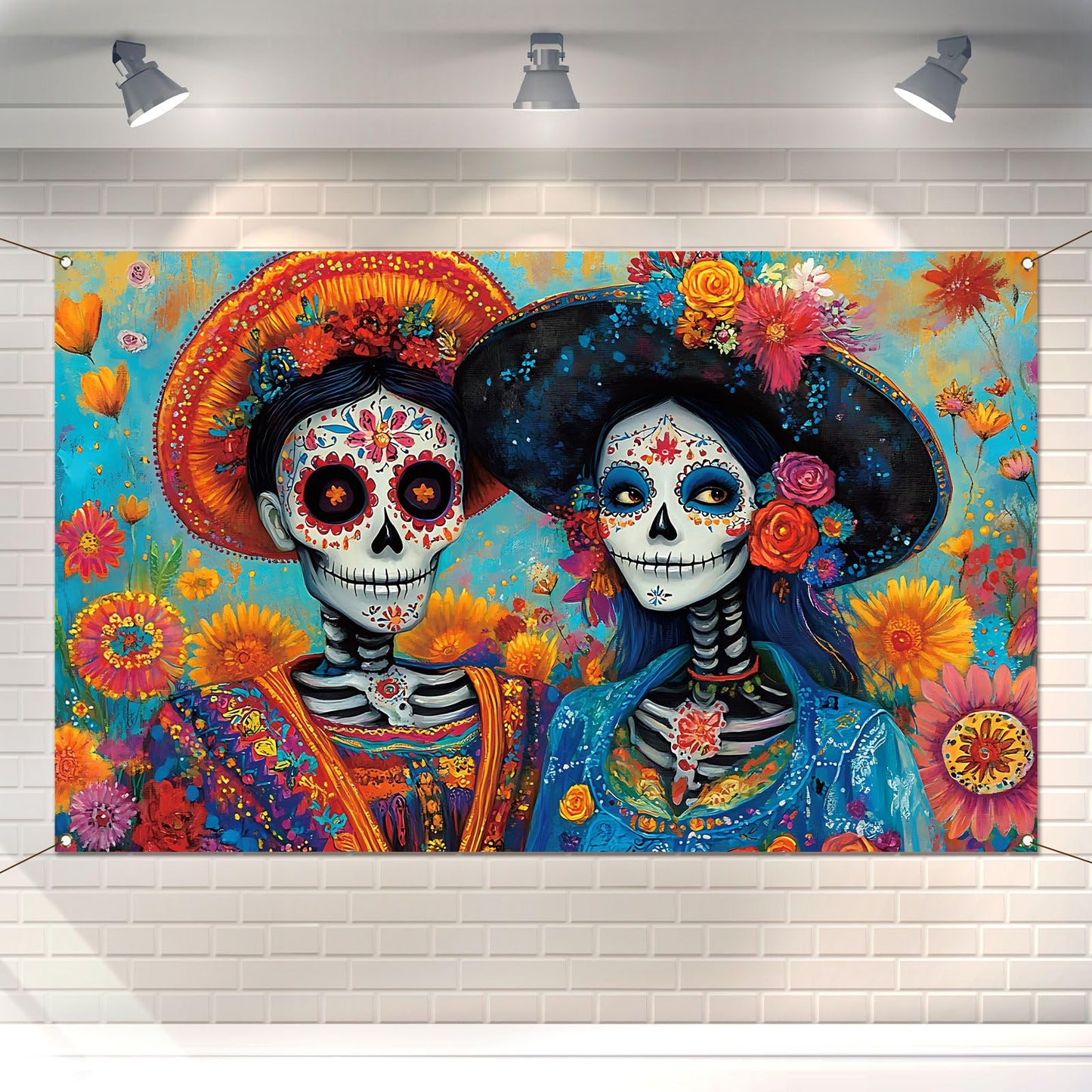 Buxiuer Day of The Dead Photo Booth Backdrop Día De Los Muertos Decorations Mexican Sugar Skull Marigold Bulletin Board Wall Decor