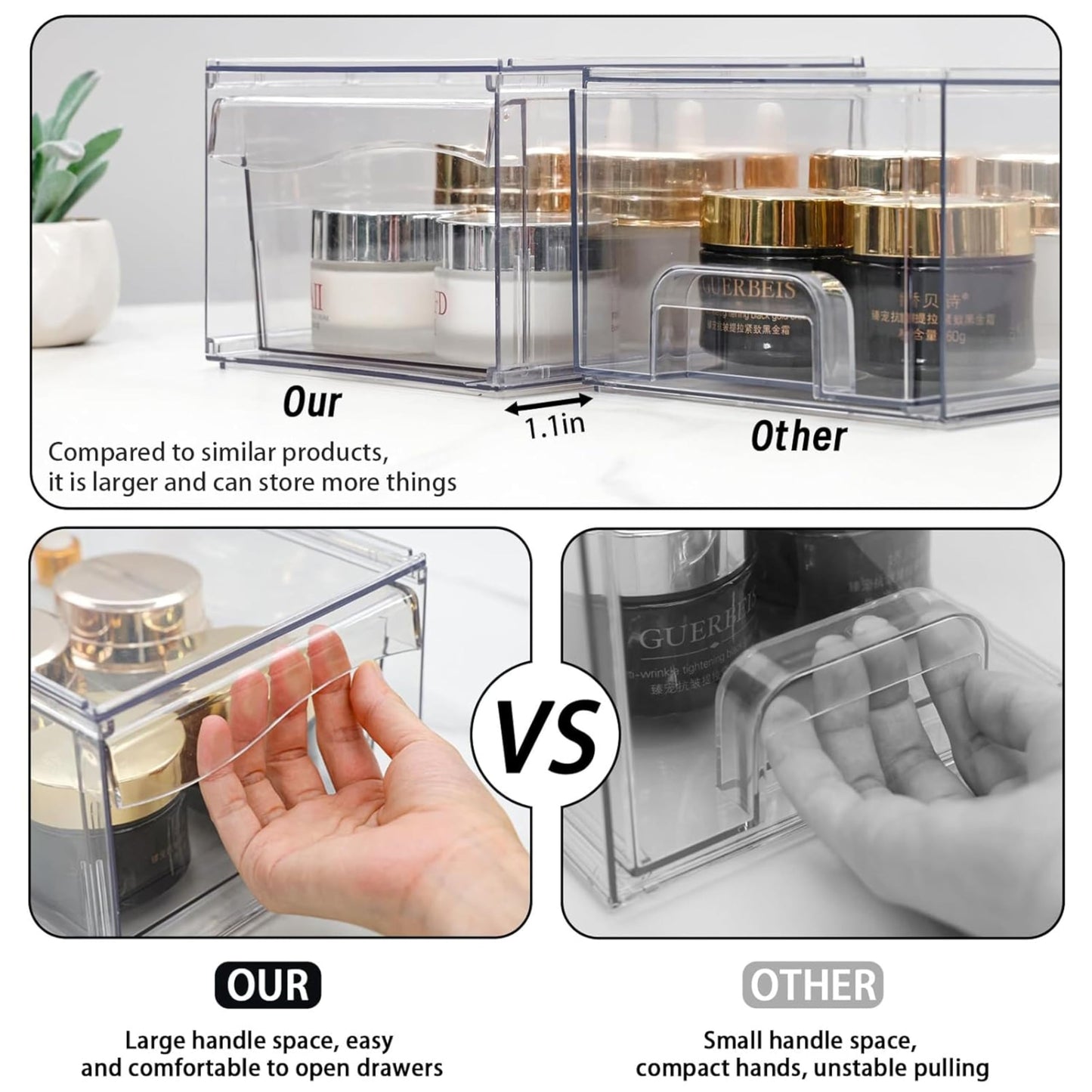 6 Pack Clear Stackable Storage Drawers,12 W Large Bathroom Makeup Organizer and Pen,Sunglass,Medicine,Baby Bottle Organizer,Plas
