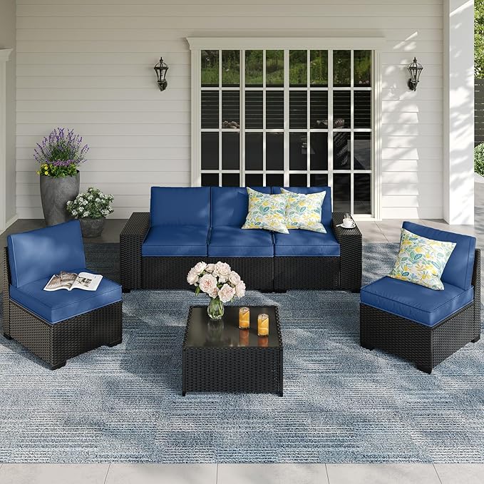 SunloungeCo 6 Pieces Patio Furniture Set, Outdoor Couch Sofa with Wider Armrests & Glass Coffee Table, Outdoor Sectional Furniture with Thick Cushions for Party, Poolside,Garden-Navy