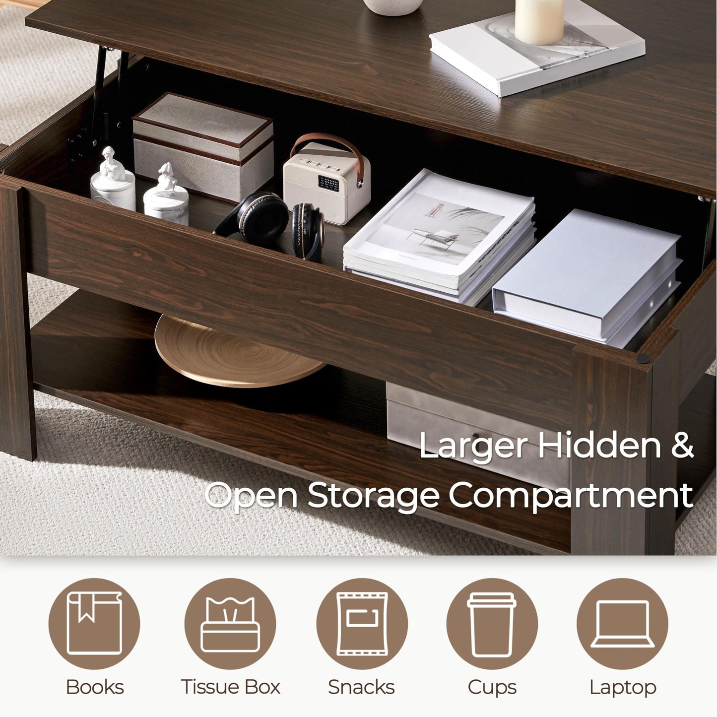Yaheetech Lift Top Coffee Table with Hidden Compartment and Storage Shelf, Rising Tabletop Dining Table for Living Room Reception Room, 47.5in L, Espresso
