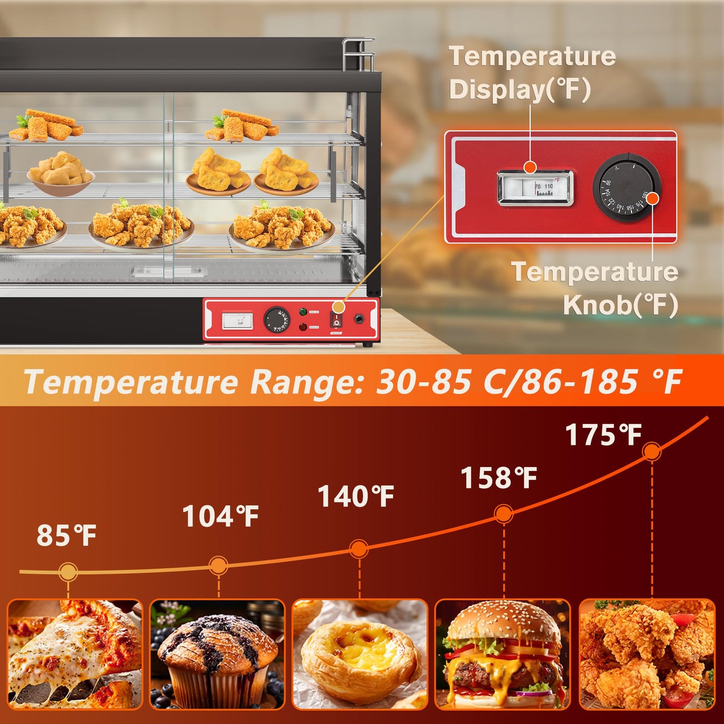 Whalefall Countertop Food Warmer with top Holder, 35 inch Commercial Food Warming Cabinet, tri-Color Lighting, w/Thermometer and Adjustable Thermostat for Cafeteria Kitchens Restaurants