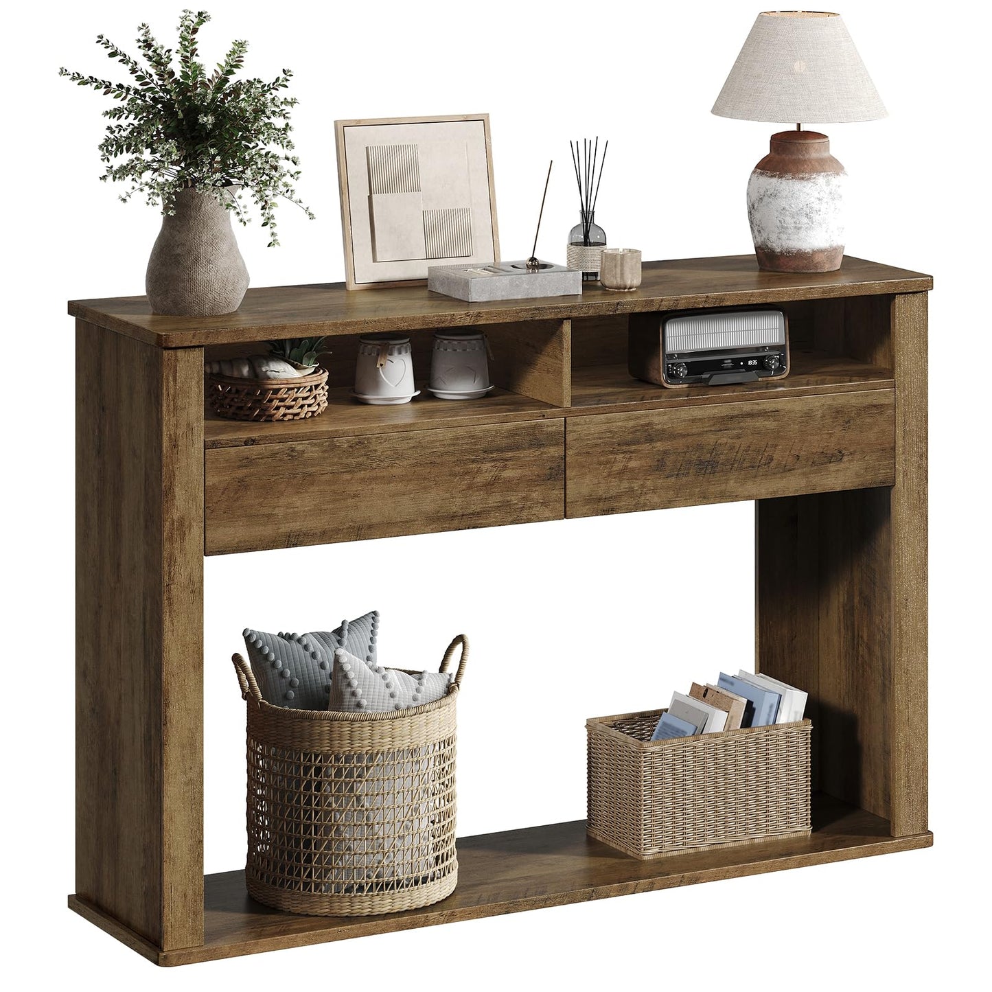 RALGEND 43.3 Inches Console Table, Narrow Entryway Table with 2 Drawers, 2 Compartments and Bottom Shelf, Farmhouse Hallway Accent Table for Entryway, Living Room, Foyer, Hallway, Dark Brown