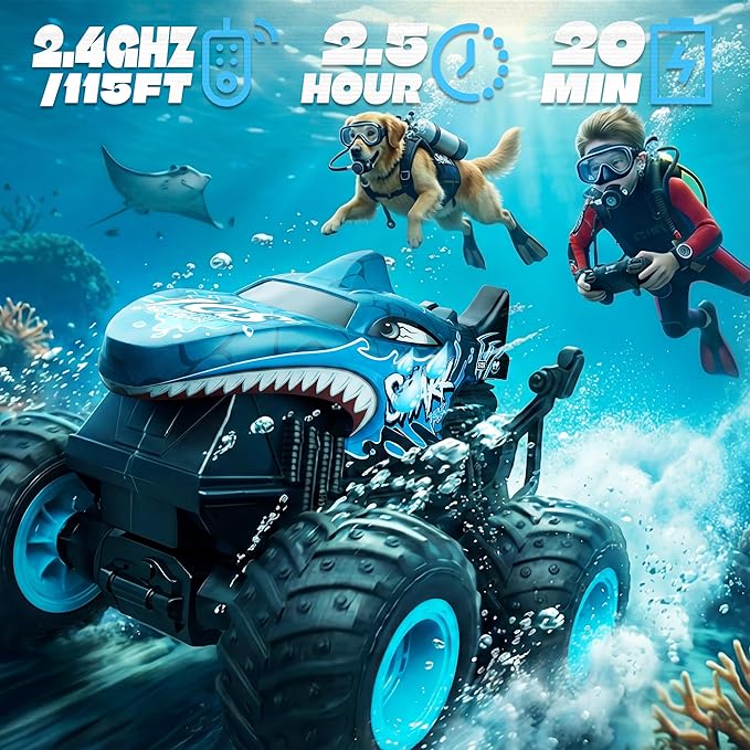 BEZGAR Monster Truck Toys - Remote Control Monster Truck with Light & Music, Dinosaur Toys for Kids, 1:20 Scale RC Truck with 360° Spins and Drifting, Remote Control Car for Boys (Blue)