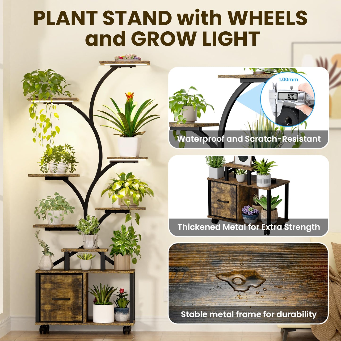 Plant Stand Indoor with Grow Light, 9 Tiered Plant Shelf with Wheels, 65" Tall Plant Stand for Indoor Plants Multiple with Drawer, Flower Holder for Living Room Patio, Balcony (Black+Brown, 1 Pack)