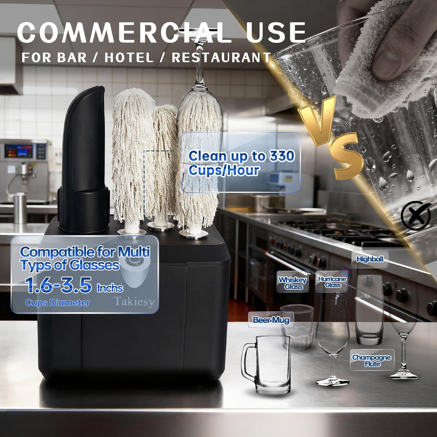 Takiesy Commercial Glass Polisher Machine with 6 Microfiber Brushes, 330 Cups/Hour, 136℉ Warm Air Drying & LFGB Certified Heads, Build for Wine Beer Glasses in Bar Restaurant Hotel