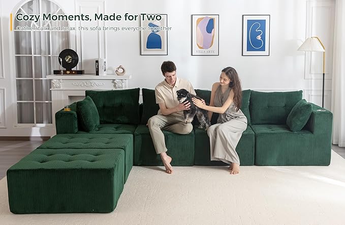 MAXYOYO 129.5" Modular Sectional Sofa Couch, U Shaped Modern Cloud Couch, Sofa in A Box, Tufted 6-Seat Boneless Sleeper Lounger for Living Room, No Assembly Required, Green