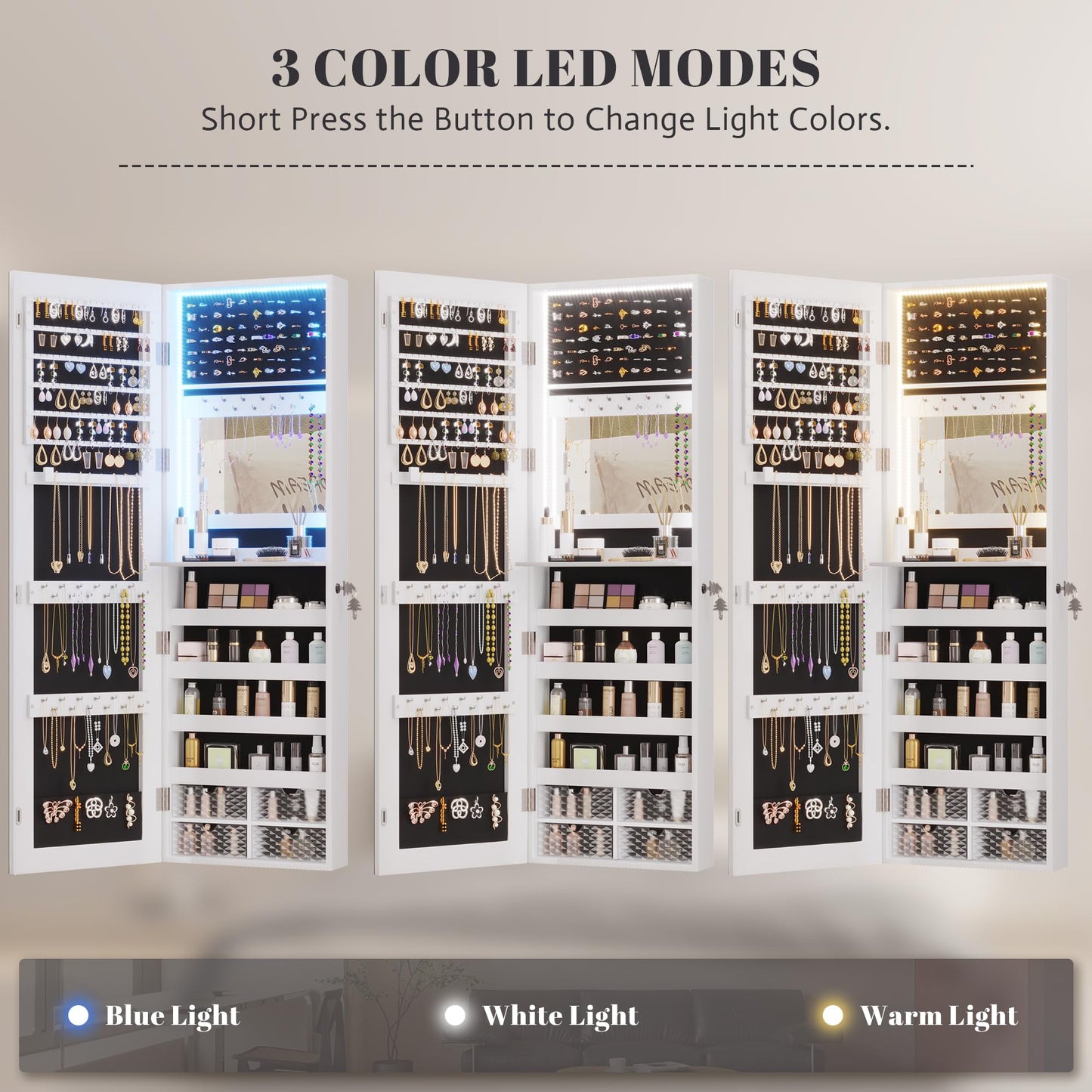 Vlsrka 47.2" LED Jewelry Mirror Cabinet, Wall/Door Mounted Jewelry Armoire Organizer with Full Length Mirror, Large Storage Hanging Cabinet, 4 Drawers, 5 Shelves (White)