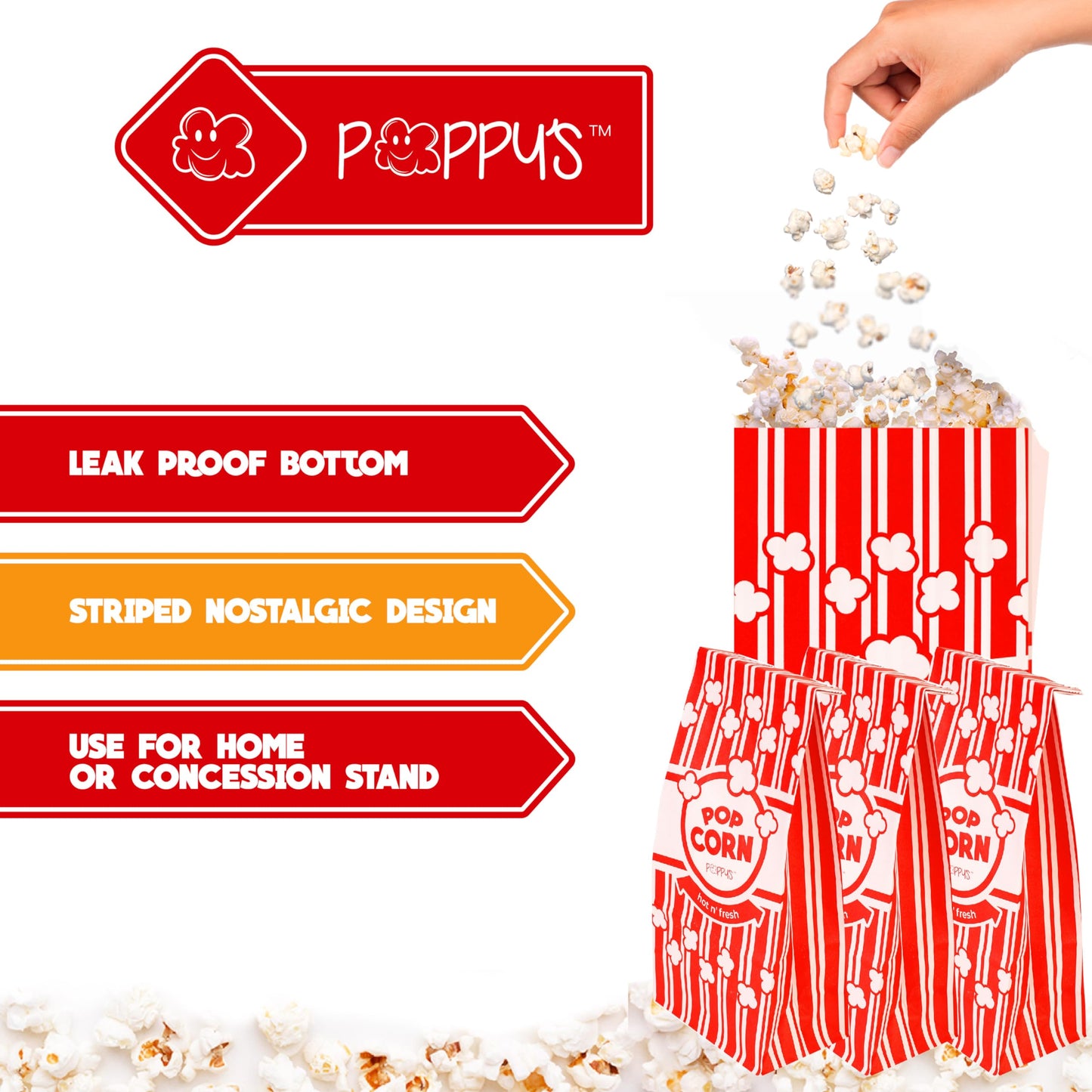 Poppy's Flat Bottom Paper Popcorn Bags – 50 Pack 2 oz Concession-Grade Bags, Popcorn Machine Accessories for Popcorn Bars, Movie Nights, Concessions