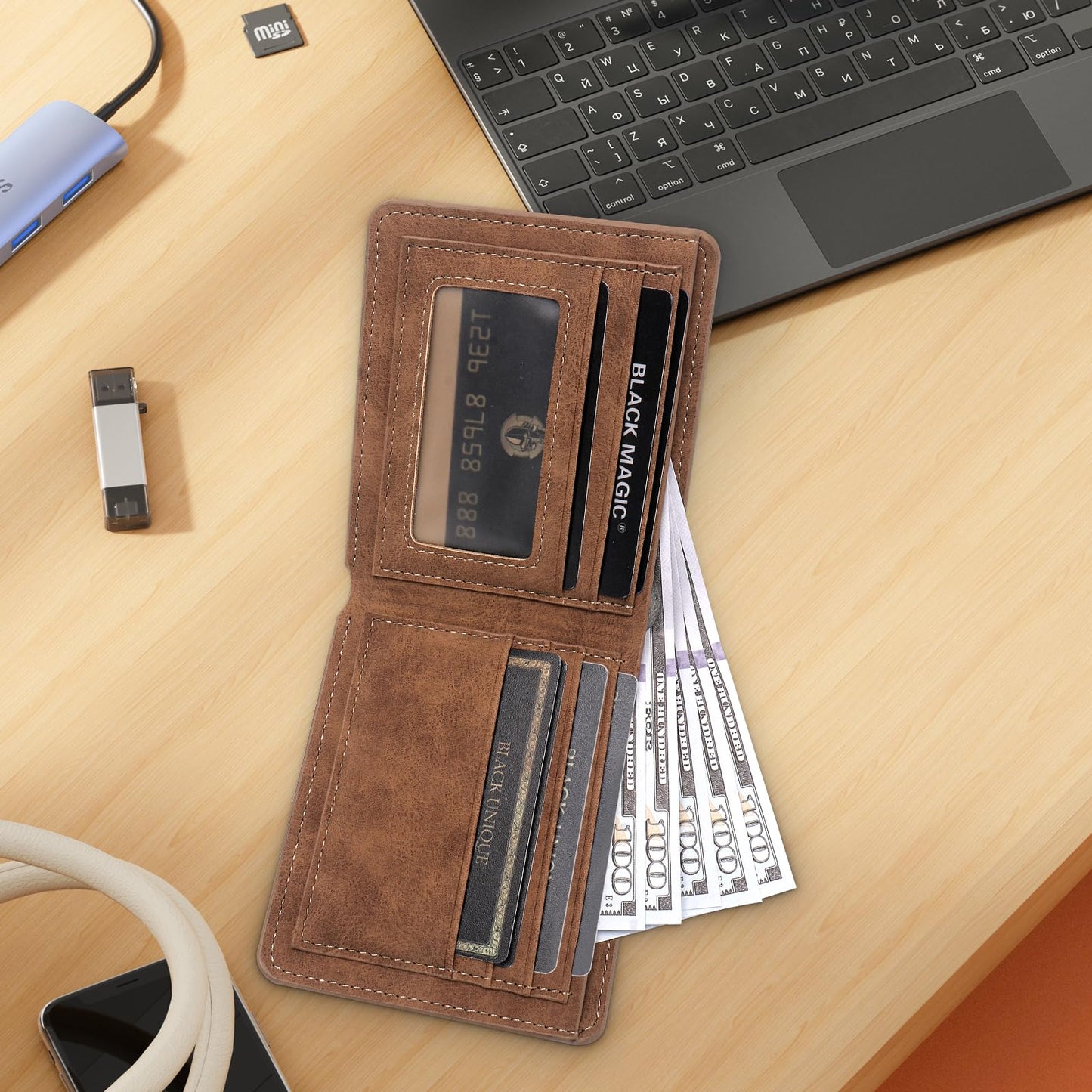 THTCSQ To My Son Gifts,Leather Wallet for Men,Engraved Personalized Leather Wallet,Birthday Christmas Gifts for Son from Mom Dad,Inspirational Gifts for Boy (Never Feel Son from Mom)