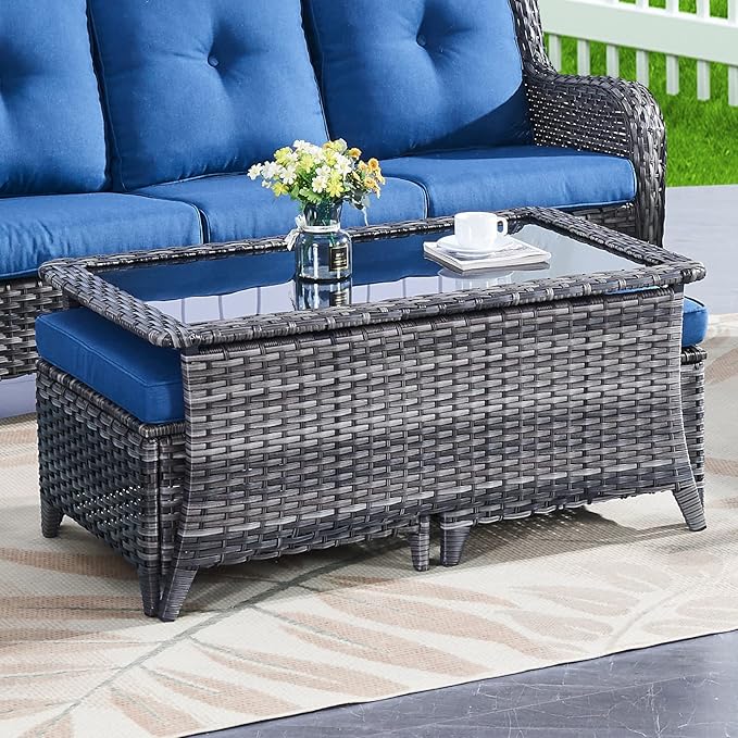 Belord Wicker Outdoor Furniture Patio Furniture Set - 6 Piece Patio Conversation Set with Swivel Rocker Chairs, Loveseat Sofa, Ottomans and Coffee Table, Blue Cushion