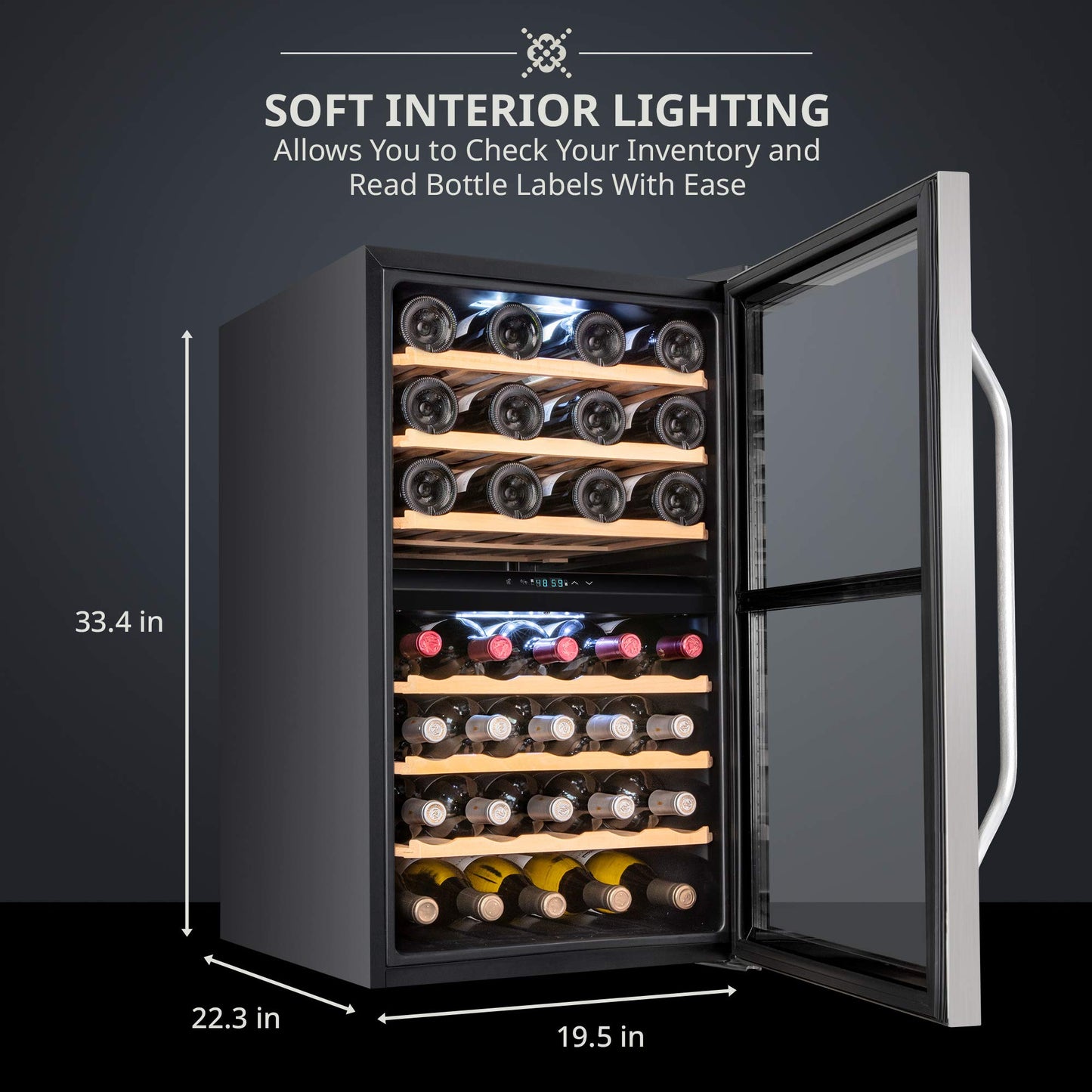 Ivation 43 Bottle Dual Zone Wine Cooler Refrigerator w/Lock | Large Freestanding Wine Cellar For Red, White, Champagne & Sparkling Wine | 41f-64f Digital Temperature Control Fridge Stainless Steel
