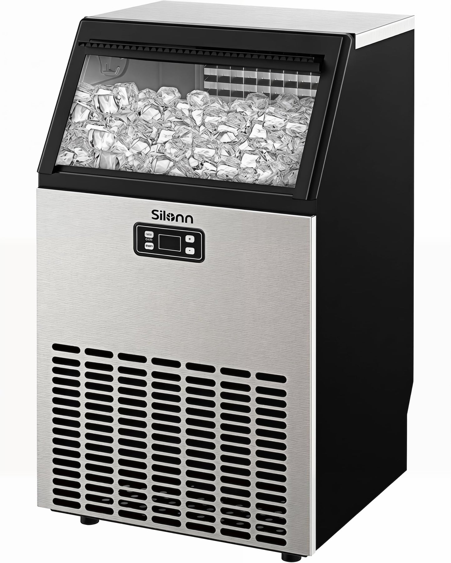 Silonn Commercial Ice Maker Machine, 100lbs Daily Output & 33lbs Storage, Compact Stainless Steel Ice Machine with Auto-Cleaning for Home Office Bar Parties