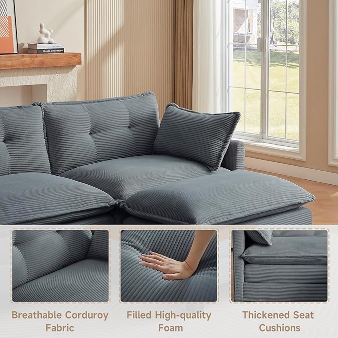 Amsleekey Modular Sectional Sofa, 76.5" L-Shaped Corduroy Comfy Sectional Couches for Living Room, 2-Seater Cloud Couches with 1 Movable Ottoman, Flexible Combination Modern Deep Seat Sofa (Grey)