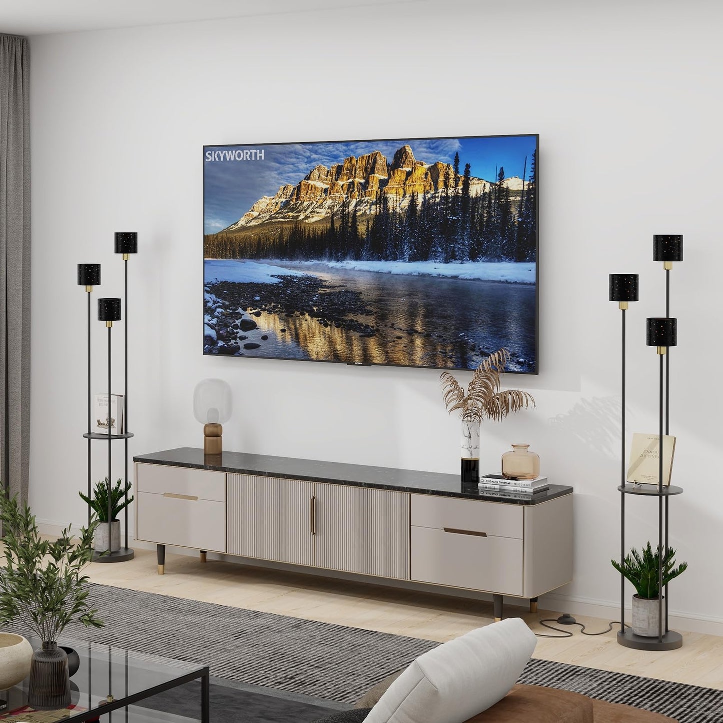 Modern Black Floor Lamp with 3 Lights Standing Shelves for Living Room and Bedroom Tall Standard