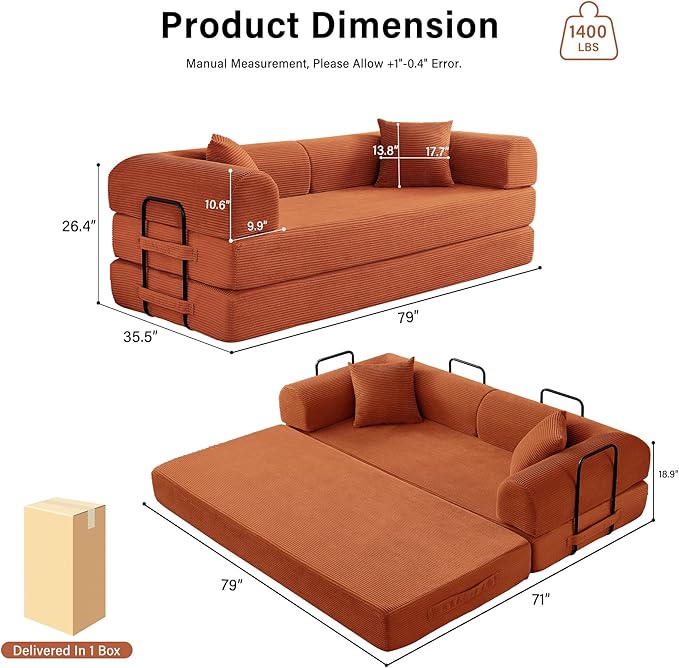 79" 5-in-1 Folding Convertible Sofa Bed, Oversized Corduroy Futon Floor Couch with Pull-Out Sleeper, Modular Boneless Loveseat for Small Spaces, Living Room, Bedroom (Orange)