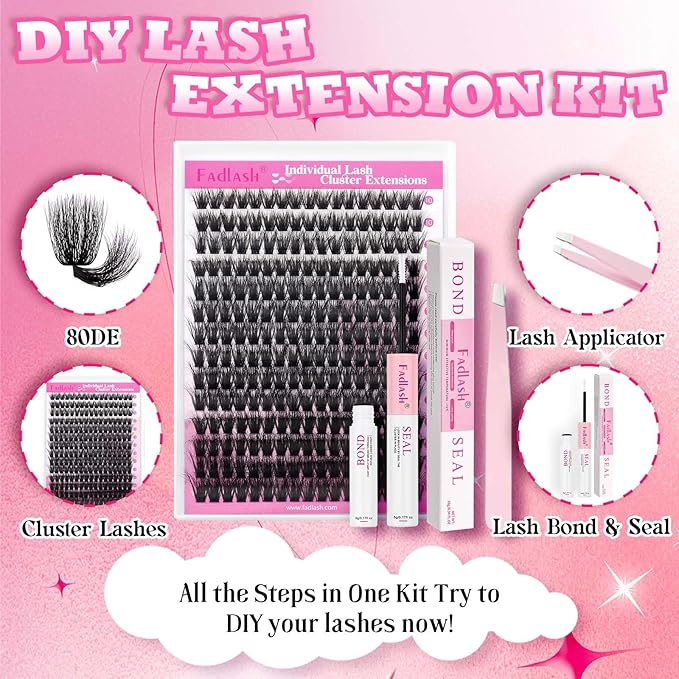 FADLASH Lash Extension Kit 80D Lash Clusters D Curl DIY Eyelash Extension Kit with Lash Bond and Seal Lash Applicator 3D Effect Lash Cluster Kit fluffy (80D Kit, Mix 10-18mm)