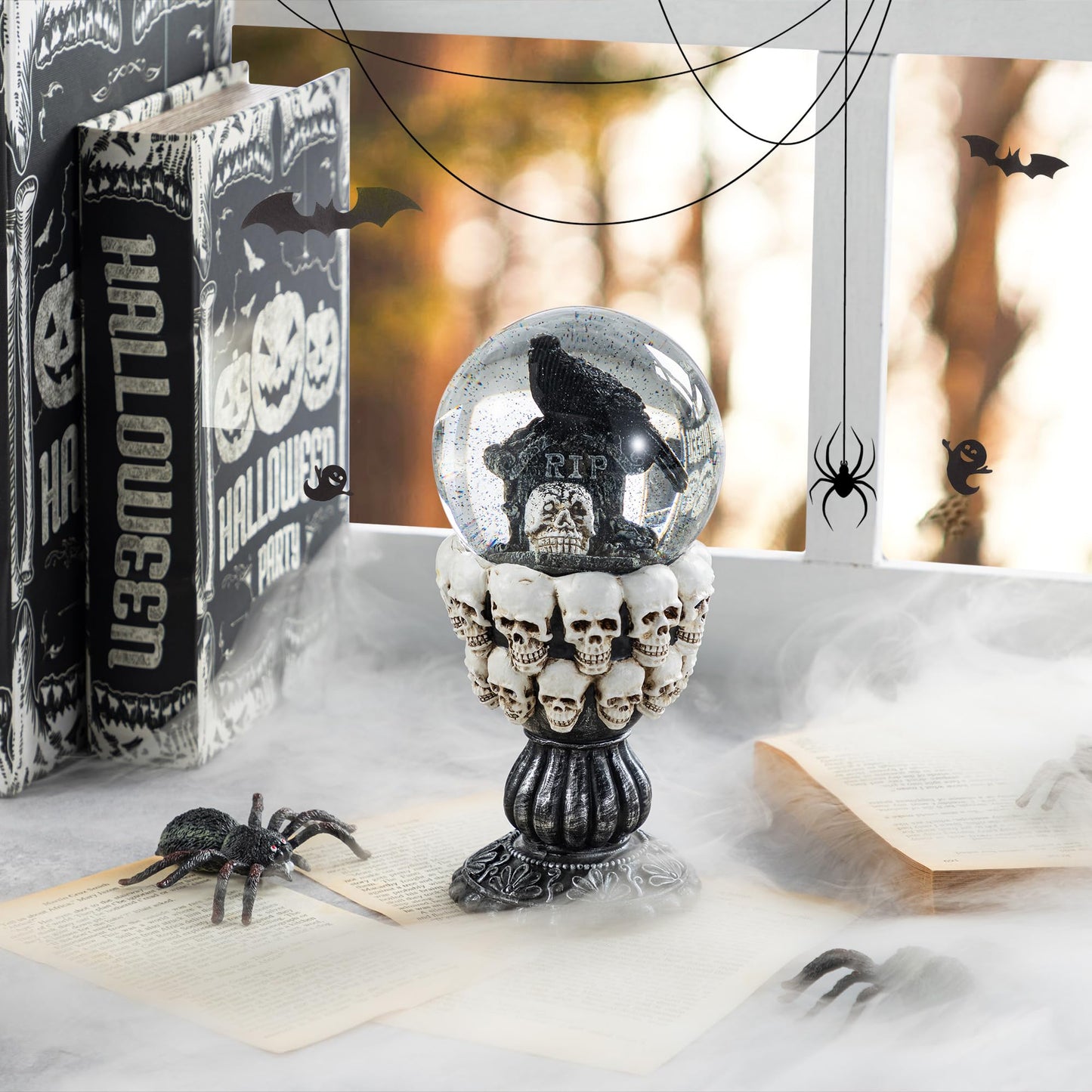 Glitzhome 100MM Halloween Stacked Skull Water Snow Globe, 7.25''H Poly Resin Stacked Skull Raven Waterglobe for Halloween Decor, Gothic Home Decoration, Spooky Gift, and Holiday Tabletop Decoration