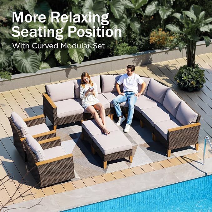 PHI VILLA 9-Piece Wicker Patio Furniture Set, Outdoor Half-Moon Curved Sectional Sofa with Thick Beige Cushions, 2 Ottomans, 2 Single Seats, Large Conversation Seating for Garden or Backyard