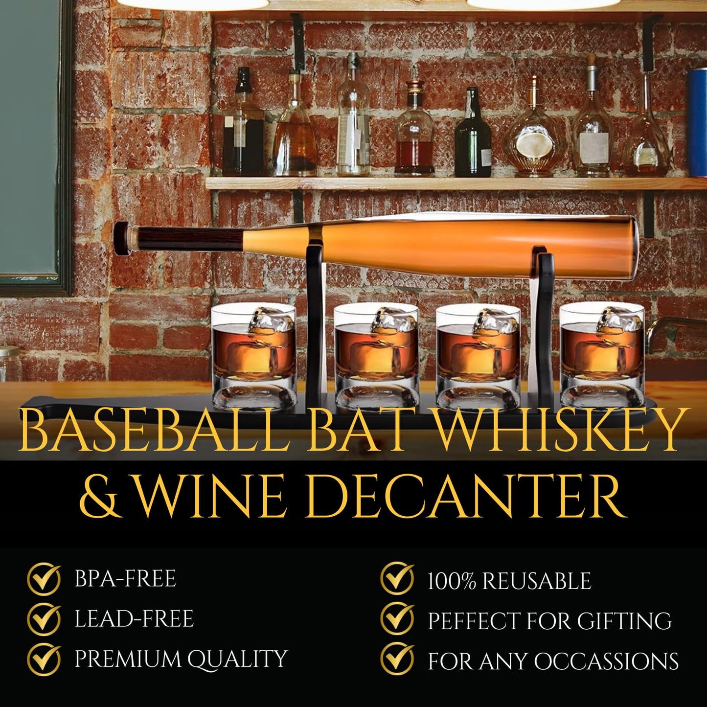 Baseball Themed Whiskey Decanter Set - 20Oz Bat Shaped Decanter with 2 11OZ Glasses, Birthday Gift for Men, Brothers, Boyfriends, Coaches – Ideal for Liquor, Tequila and Bourbon with Giftable Box