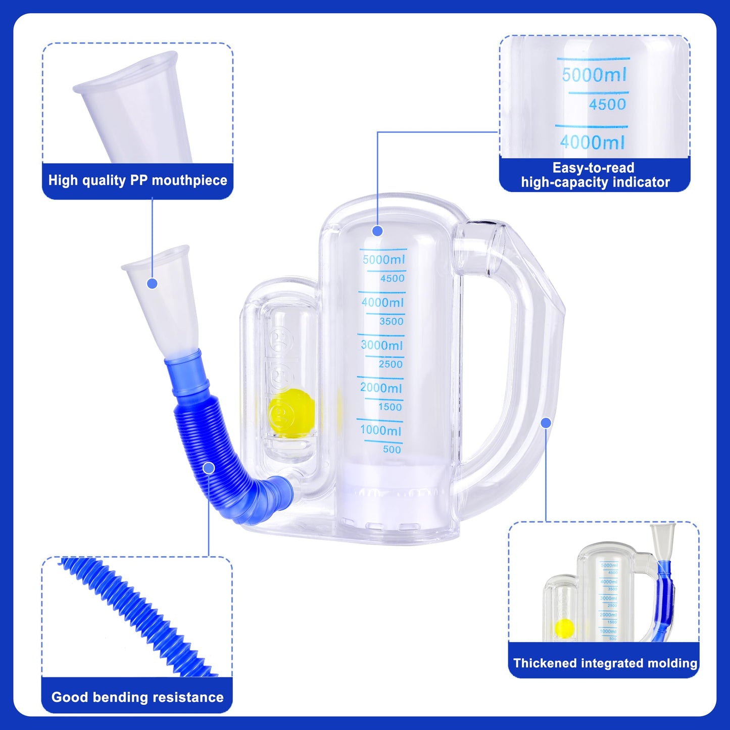 Incentive Spirometer,Adult Lung Trainer,Breathing Trainer - 5000ML Inhale Volume Measurement, Equipped with Ball Flow Rate Indicator & Scale Indicator