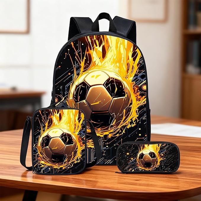 3-Piece Sports Theme Backpack Set - Green Soccer Ball Pattern Daypack with Insulated Lunch Bag and Pencil Case - Casual Gy...