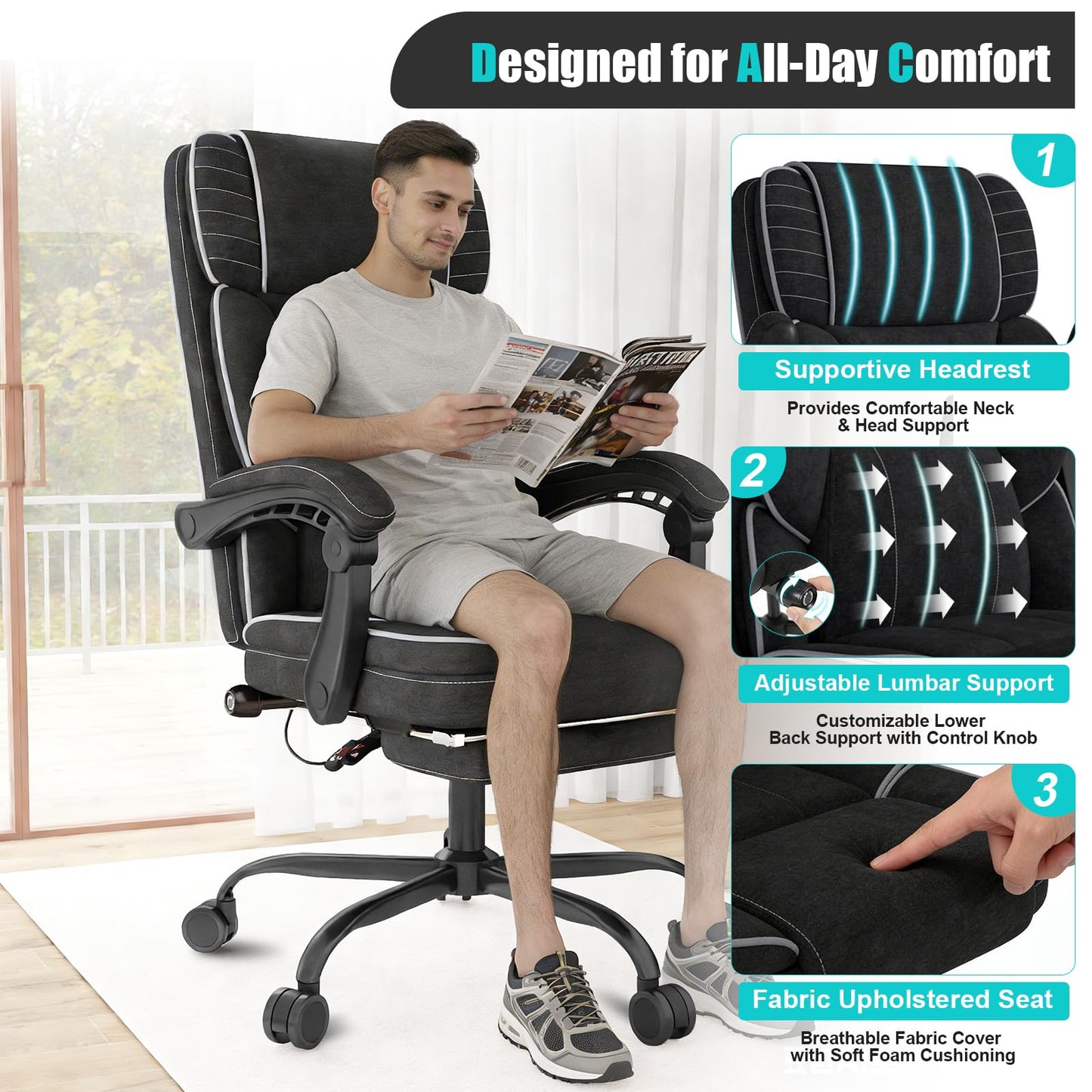 Executive Office Chair with Footrest, Ergonomic Reclining Computer Desk Chair with Adjustable Lumbar Support, 360° Swivel, Breathable Fabric, 400lbs Capacity for Home & Office