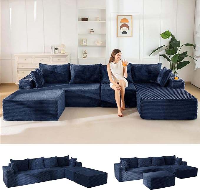 MAXYOYO 132" Giant U-Shaped Modular Sectional Couch, Modern Boneless Couch for Living Room, Sofa in A Box, Oversized Sofa Sleeper with Deep Seat, No Assembly Required, Navy