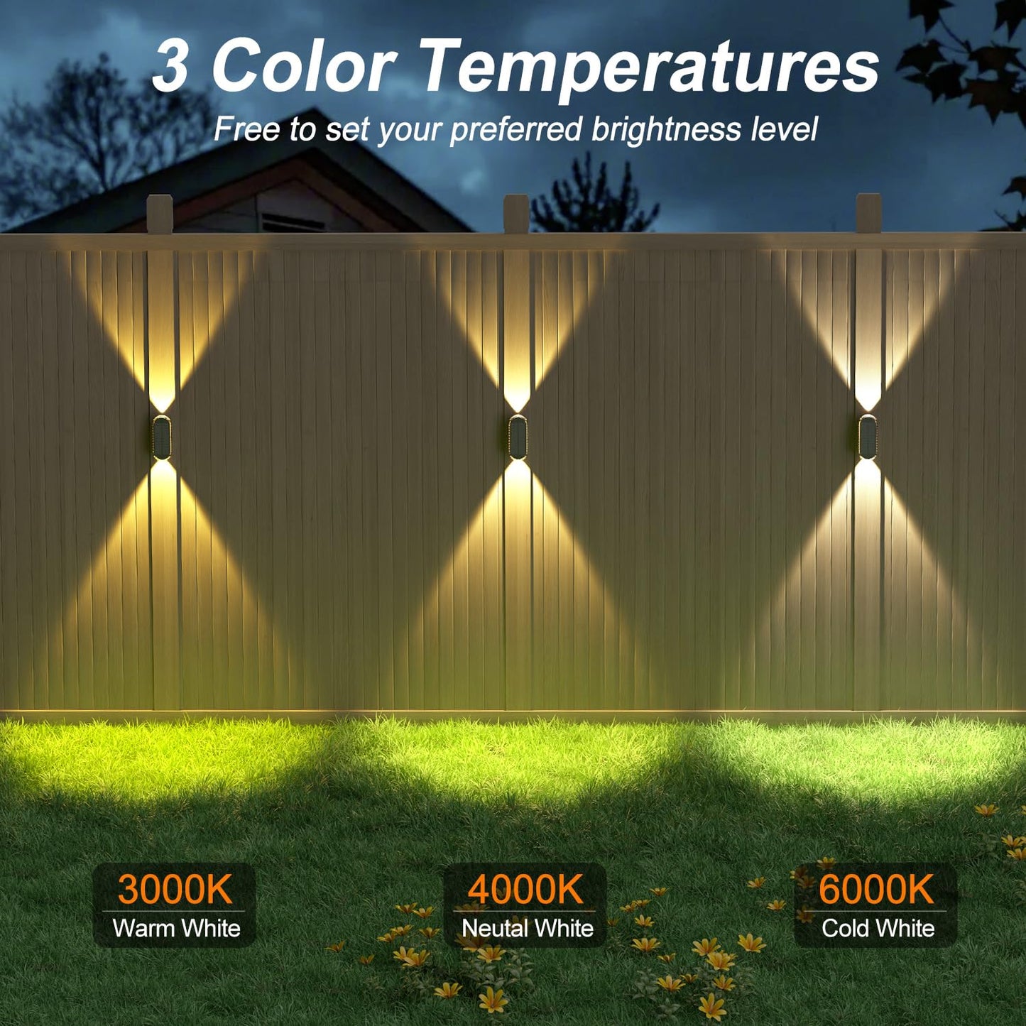 Ellasay Fence Lights Solar Powered: 4 Pack Solar Wall Lights Outdoor Up and Down IP67 Waterproof - 3 Colors Modes Brighter LED Lens Solar Lights Dusk to Dawn 12h for Backyard/Porch/Railing/Balcony