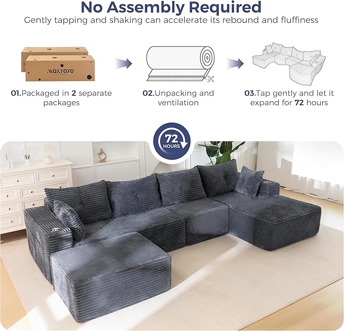 MAXYOYO 132" Giant U-Shaped Modular Sectional Couch, Modern Boneless Couch for Living Room, Sofa in A Box, Oversized Sofa Sleeper with Deep Seat, No Assembly Required, Dark Grey