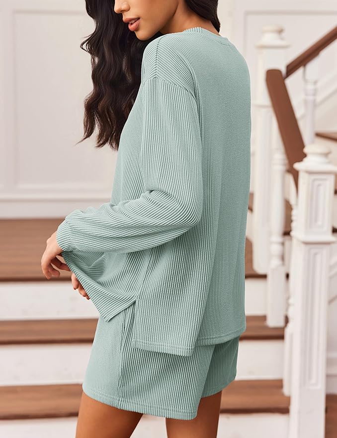 Ekouaer 2 Pieces Lounge Set for Women Long Sleeve Pajamas Top and Shorts Matching Sets Outfits with Pockets