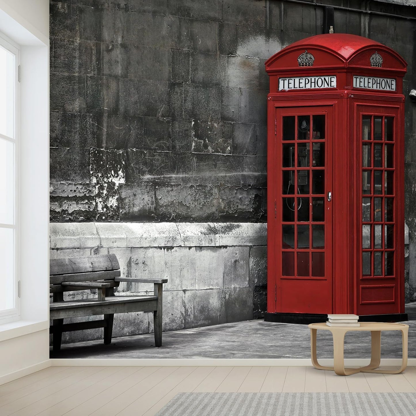 wall26 British Phone Booth in London, United Kingdom Removable Wall Mural | Self-Adhesive Large Wallpaper - 132x120 inches