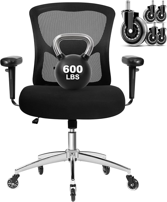 Big and Tall Office Chair 600lbs, Heavy Duty Ergonomic Mesh Chair, Computer Executive Desk Chair with Wide Thick Seat, Adjustable Armrests, Lumbar Support