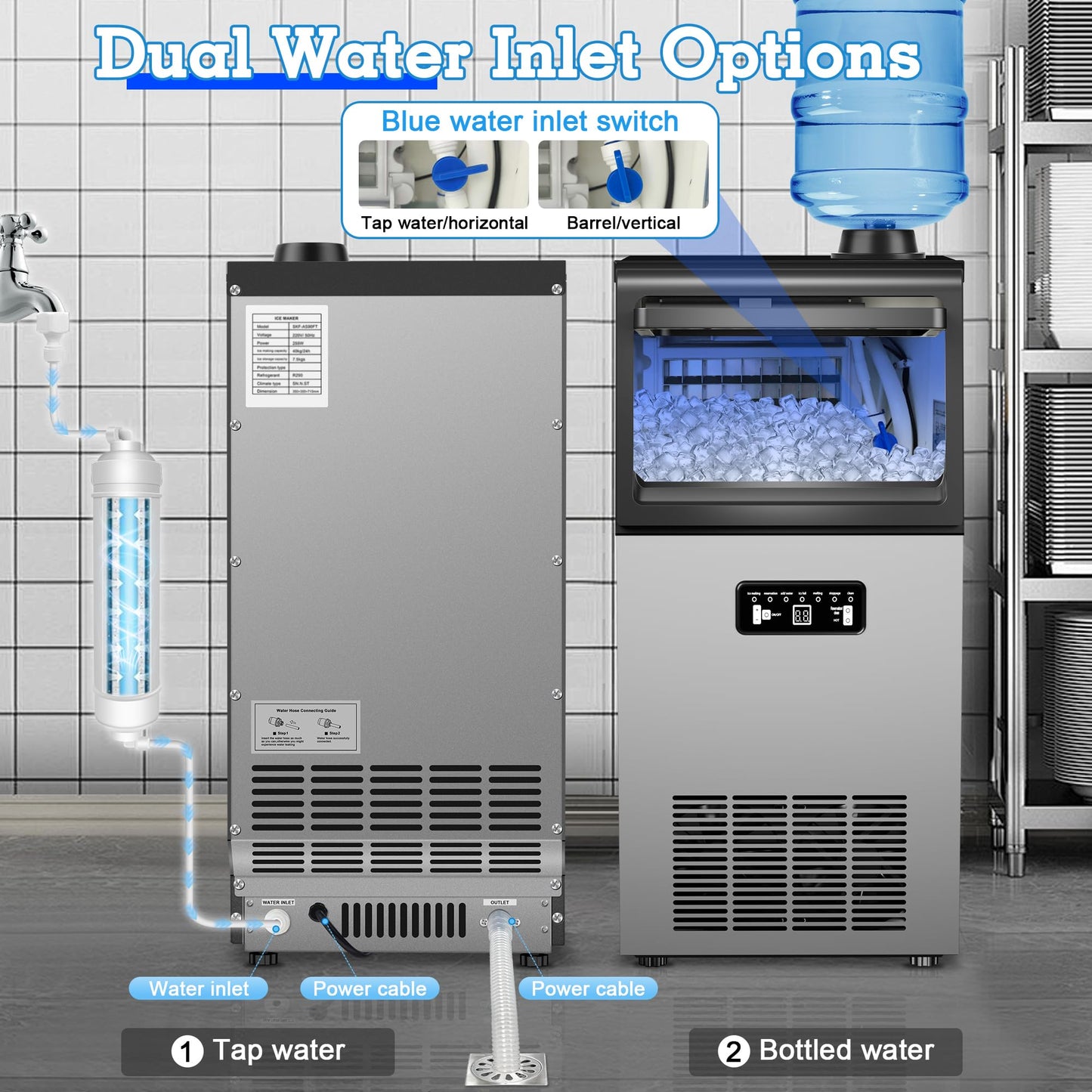 Commercial Ice Maker 120lbs/24H with 22Lbs Storage, Stainless Steel Freestanding Ice Machine 40Ice/Cycle Under Counter Ice Maker Self-Cleaning Function 2 Water Inlet Modes for Homes Bars Restaurants