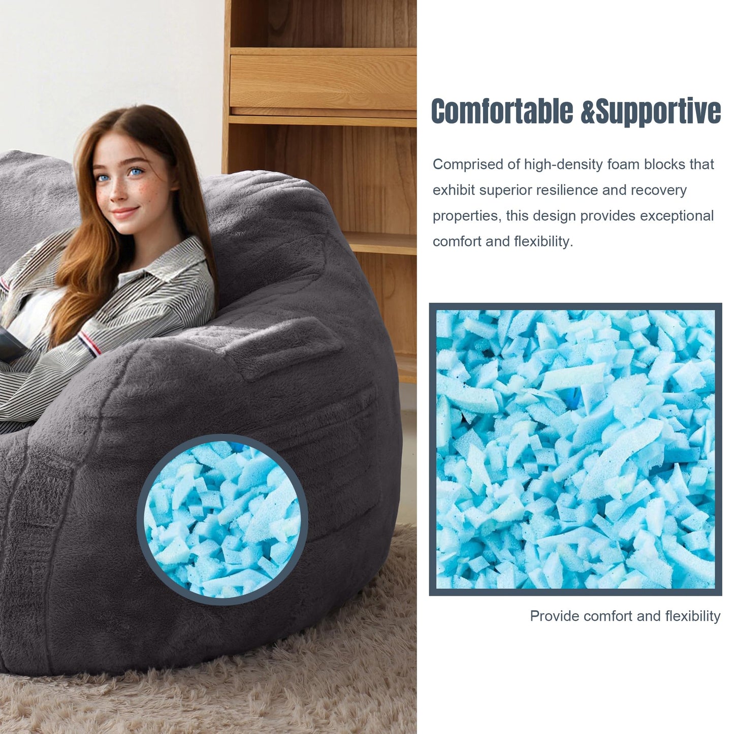 Thoustars Large Bean Bag Chairs for Adults - Oversized Memory Foam Filled Bean Bag Sofa | Fluffy Adult Bean Bag Chair, Big Bean Bag Chairs for Living Room, Bedroom & Dorm - Dark Gray
