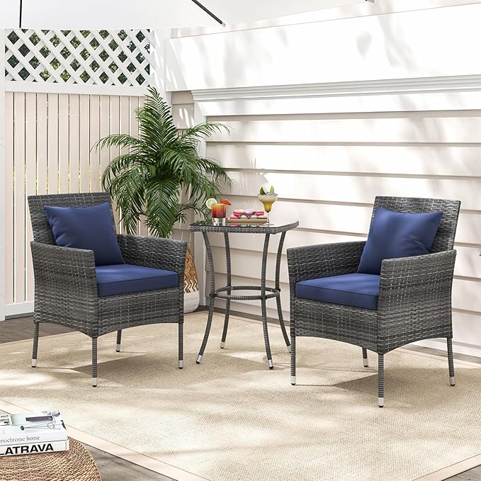 KOTEK 3 Pieces Patio Furniture Set, PE Rattan Outdoor Conversation Set with Tempered Glass Table & Soft Cushions, Wicker Bistro Set for Garden, Porch, Balcony (Navy)