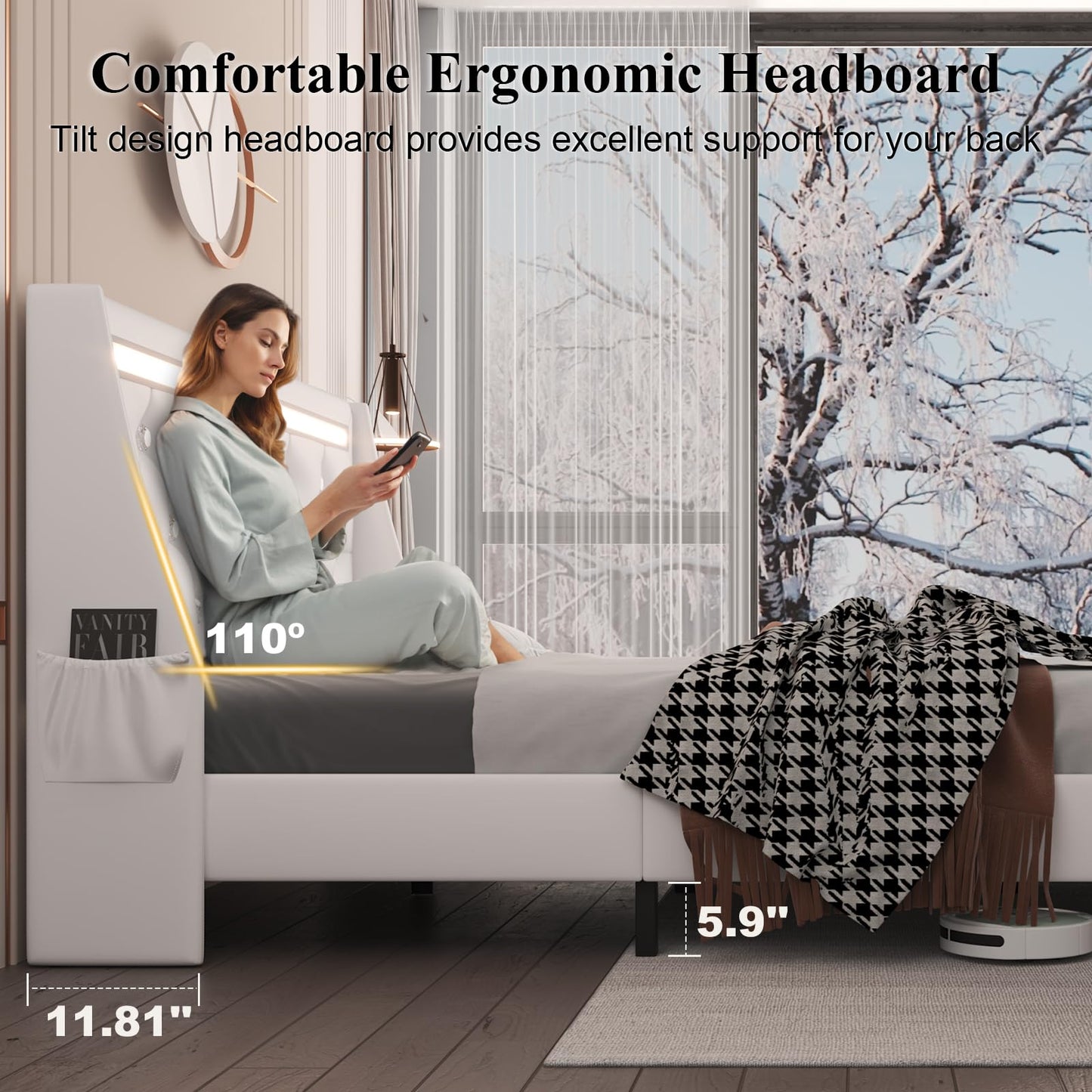 E-Motie Queen Bed Frame with LED Lights and Charging Station, Wingback Upholstered Diamond Tufted Storage Headboard, Noise-Free, Solid Wood Slats,No Box Spring Needed, Easy Assembly, White