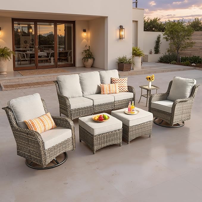ovios 6 Pieces Patio Furniture Set, Outdoor Wicker Sofa Couch with Swivel Chairs Ottomans Comfy Cushions, High Back Modern All Weather Conversation Sets, Grey Rattan, Grey