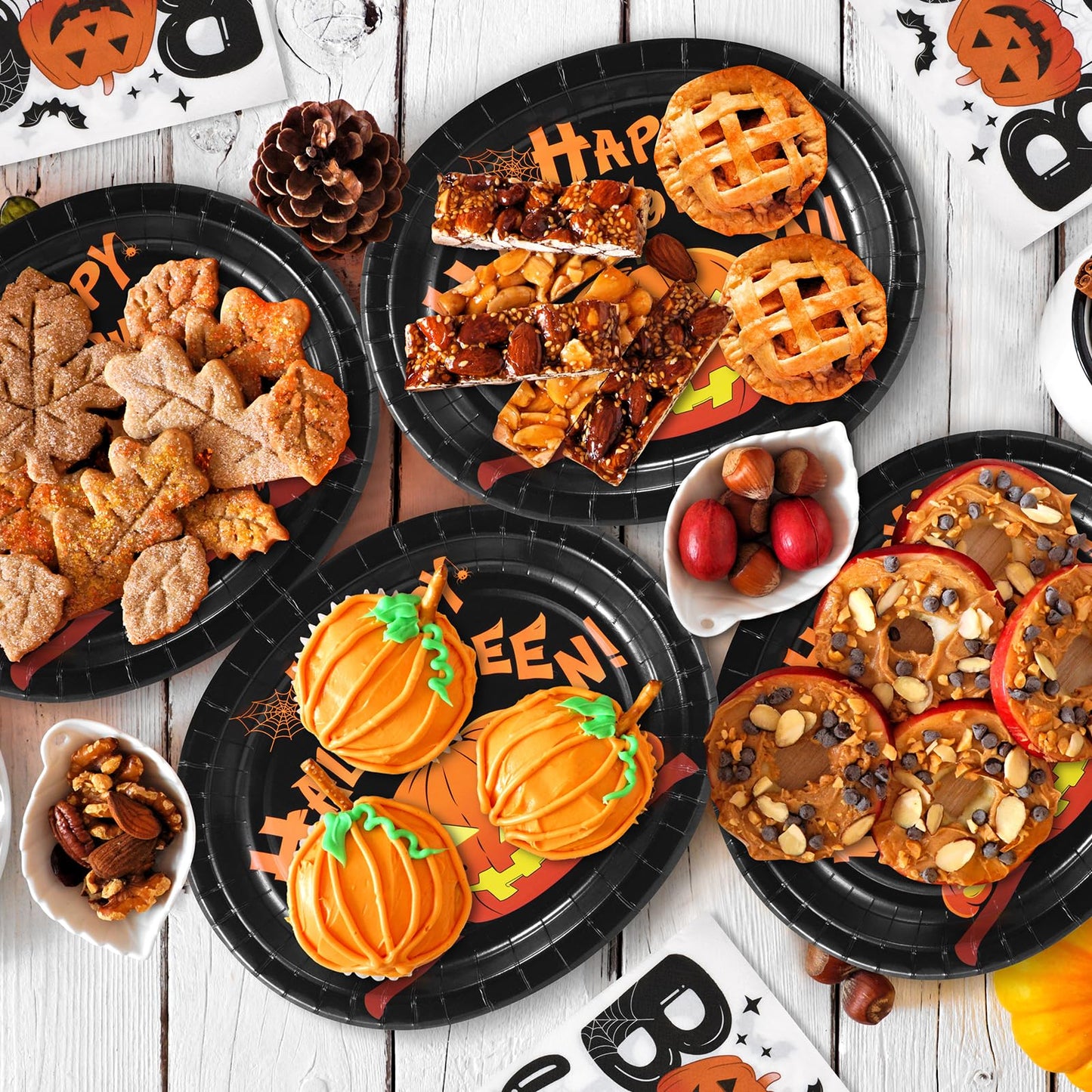 FATLBSEV 50Pcs Halloween Oval Paper Plates and Napkins Sets -10" x 12" Large Disposable Party Plates and 6.5'' Napkins for Halloween Party Supplies