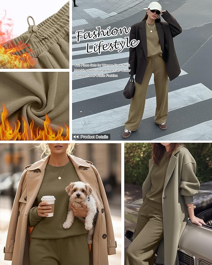 Sweetyweee Women's 2 Piece Outfits Set Fleece Lined Lounge Sweatsuit Crewneck Pullover Top Wide Leg Pants Casual Tracksuit(Khaki,X-Large)