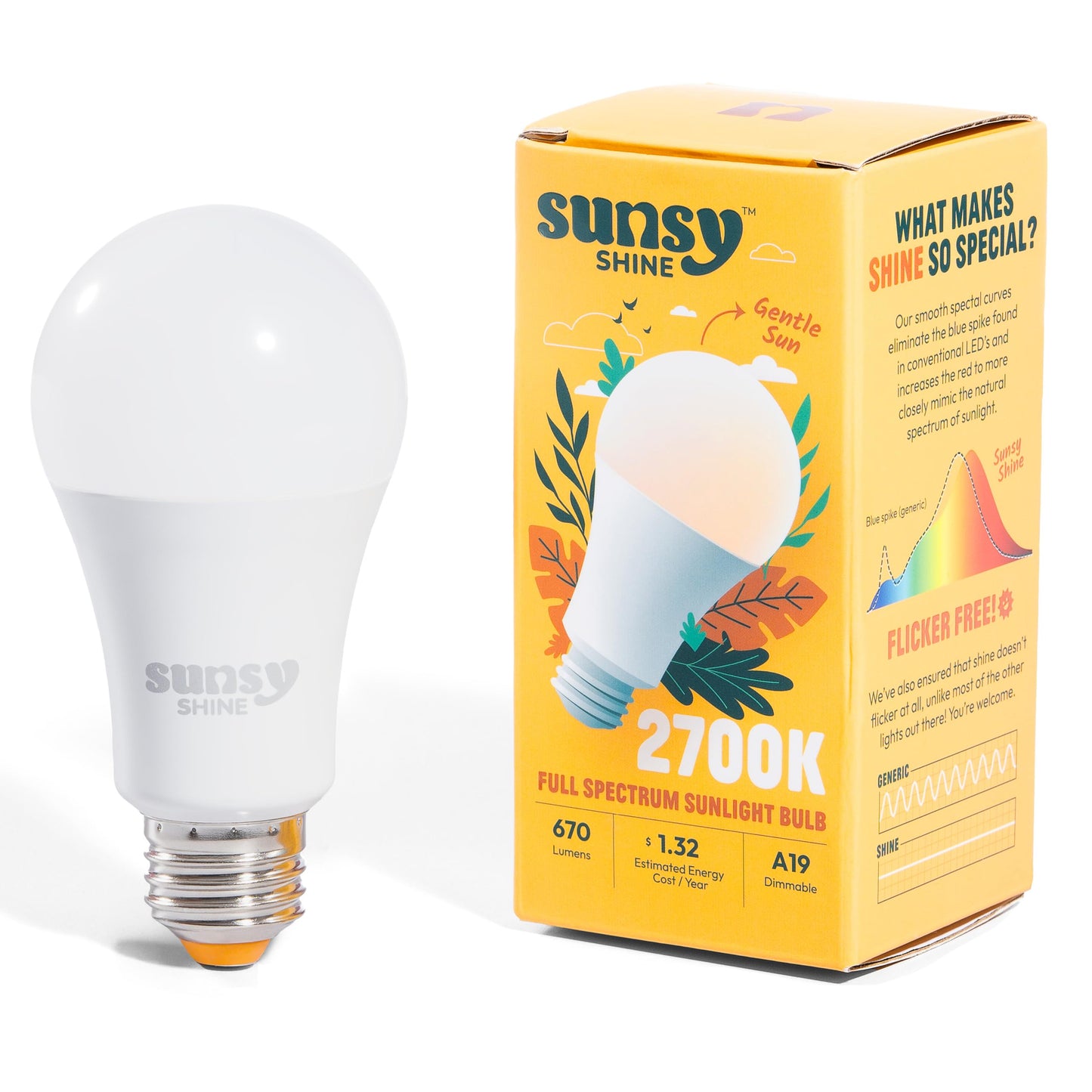 sunsy Shine - The Full-Spectrum Truly Flicker-Free Sunlight Bulb for Humans - Boosts Energy, Mood, and Circadian Rhythm for Better Health - Near Perfect CRI - US-Based Company