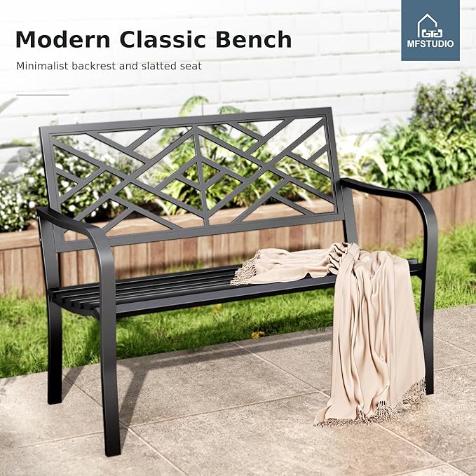 MFSTUDIO Outdoor Metal Bench Set of 2, Garden Patio 43.7 Inches Cast Iron Metal Frame Park Outside Benches with Geometric Pattern Backrest for Front Porch, Black