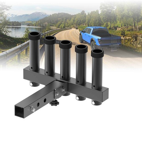 GOORIDA Hitch Mount Fishing Rod Holder, Fishing Pole Rack for Truck with 5-Rod Tubes, Adjustable for 2" Hitch Receivers & Easy to Use with Quick Release Pin
