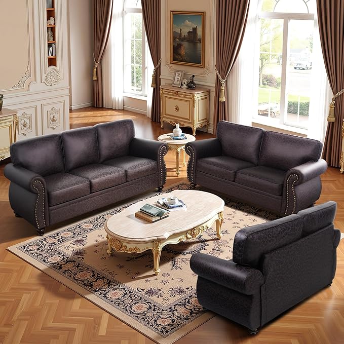 Couchus Living Room Furniture Sets,Sofa Sets and Couch Sets for Living Room,Mid-Century Vintage Sofa Couches with Rivet Design (Brown, 2 Loveseat+3 Seater)